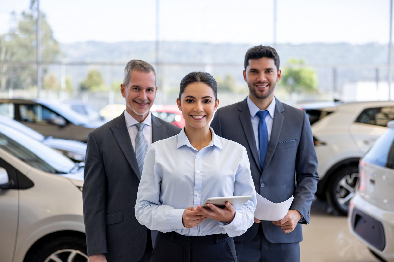 Sales team working at a car dealership