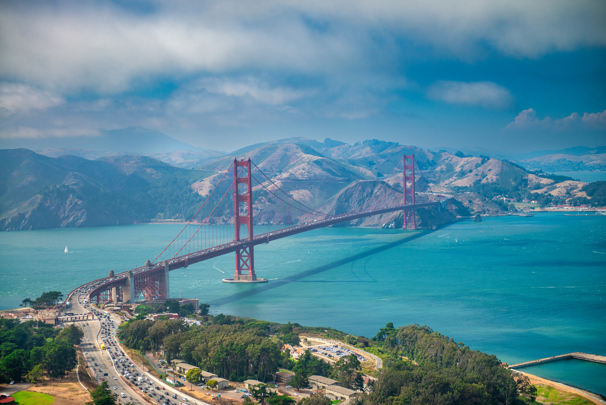 San Francisco Golden Gate Bridge, Aerial View from Helicopter on