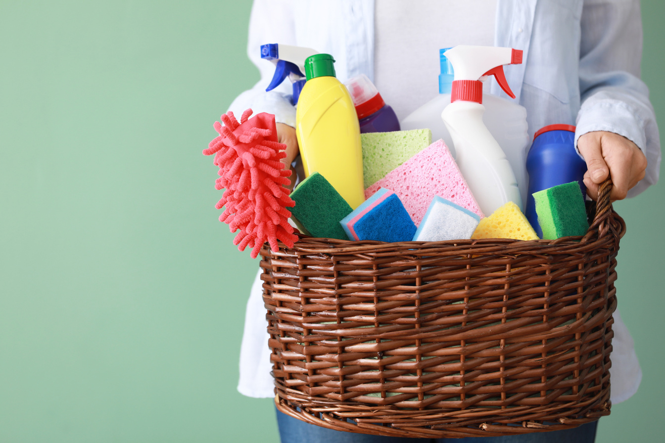 Woman Holding Basket with Cleaning Supplies 