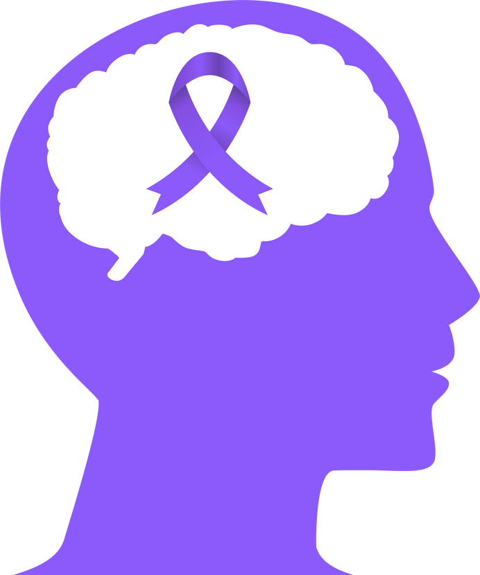 Purple Head with Dementia Awareness ribbon in the brain.