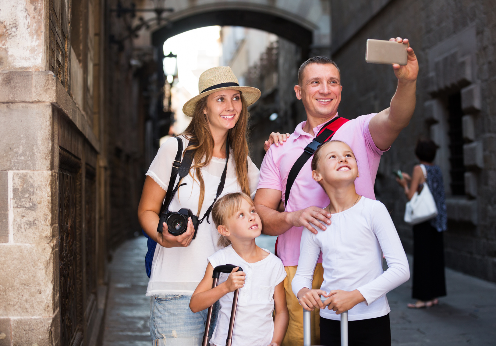 Travelers family taking selfie